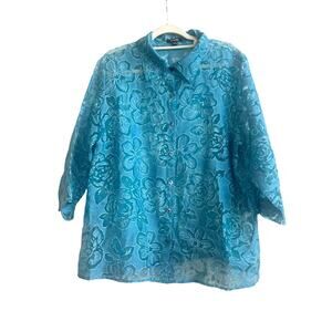 Elementz Aqua Blue Linen Blend Sheer Floral Collar Button Down Blouse